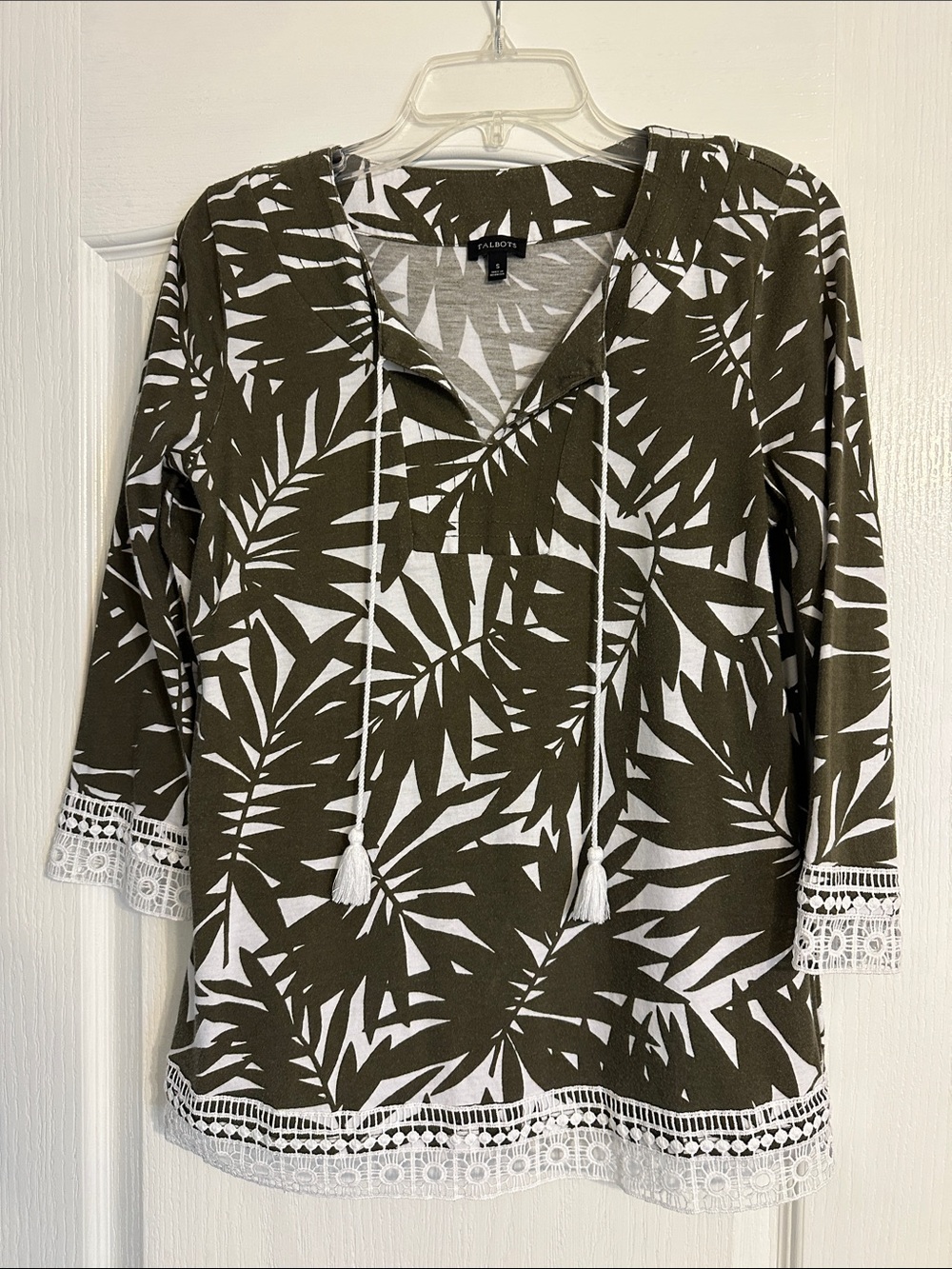 Talbots Olive and White Leaf-Print Tunic Top size small